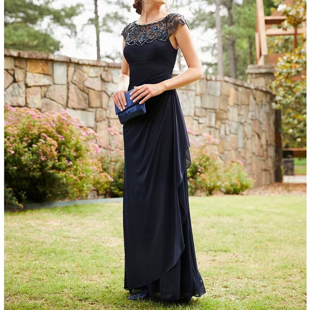 Xscape Navy Blue Embellished Illusion Neck Evening Gown